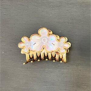 White & Gold Opalescent Flower Floral Rhinestone 3.5" Lobster Claw Hair Clip